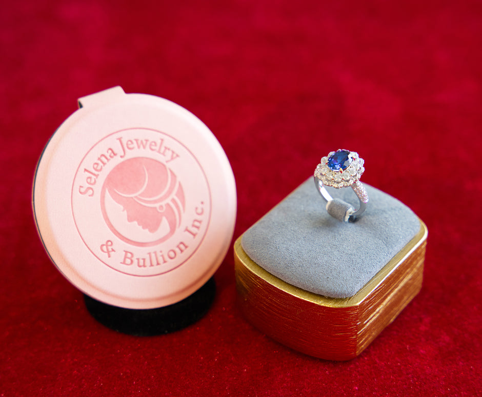 Selena Jewelry Bullion - Compiegne 2 carats Lab Grown Royal Blue Sapphire Double Halo Ring
