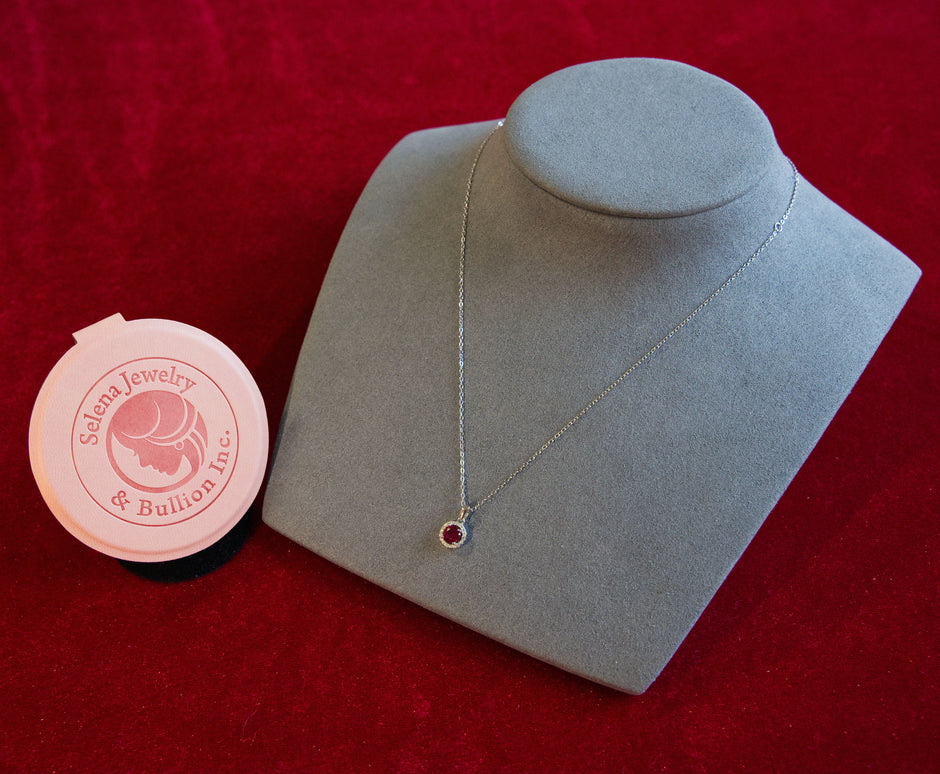 Selena Jewelry Bullion - Chambord 1.5 Carats Lab Grown Ruby Round Milgrain Halo Pendant Necklace