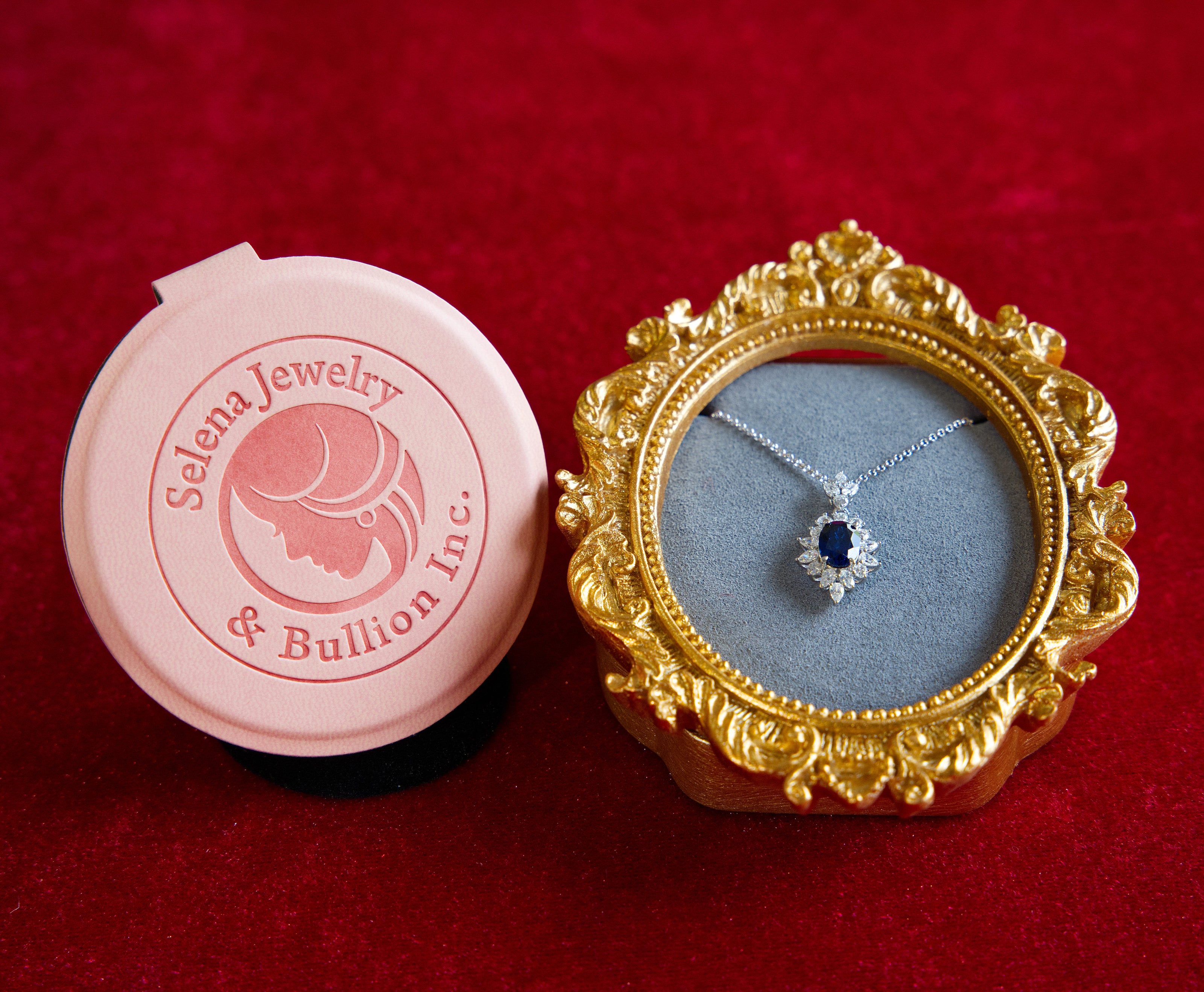 Selena Jewelry Bullion - Fontainebleau 2 carats Lab Grown Royal Blue Sapphire Oval Sunburst Halo Pendant Necklace