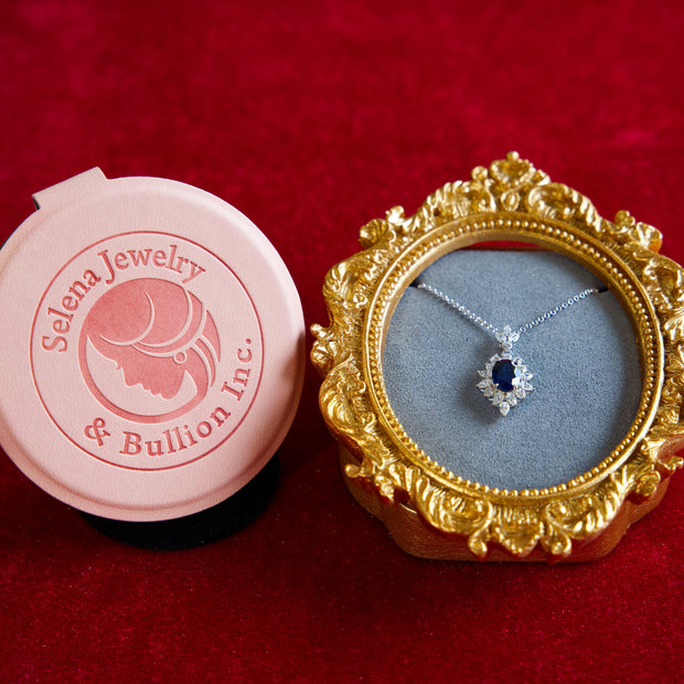 Selena Jewelry Bullion - Fontainebleau 2 carats Lab Grown Royal Blue Sapphire Oval Sunburst Halo Pendant Necklace