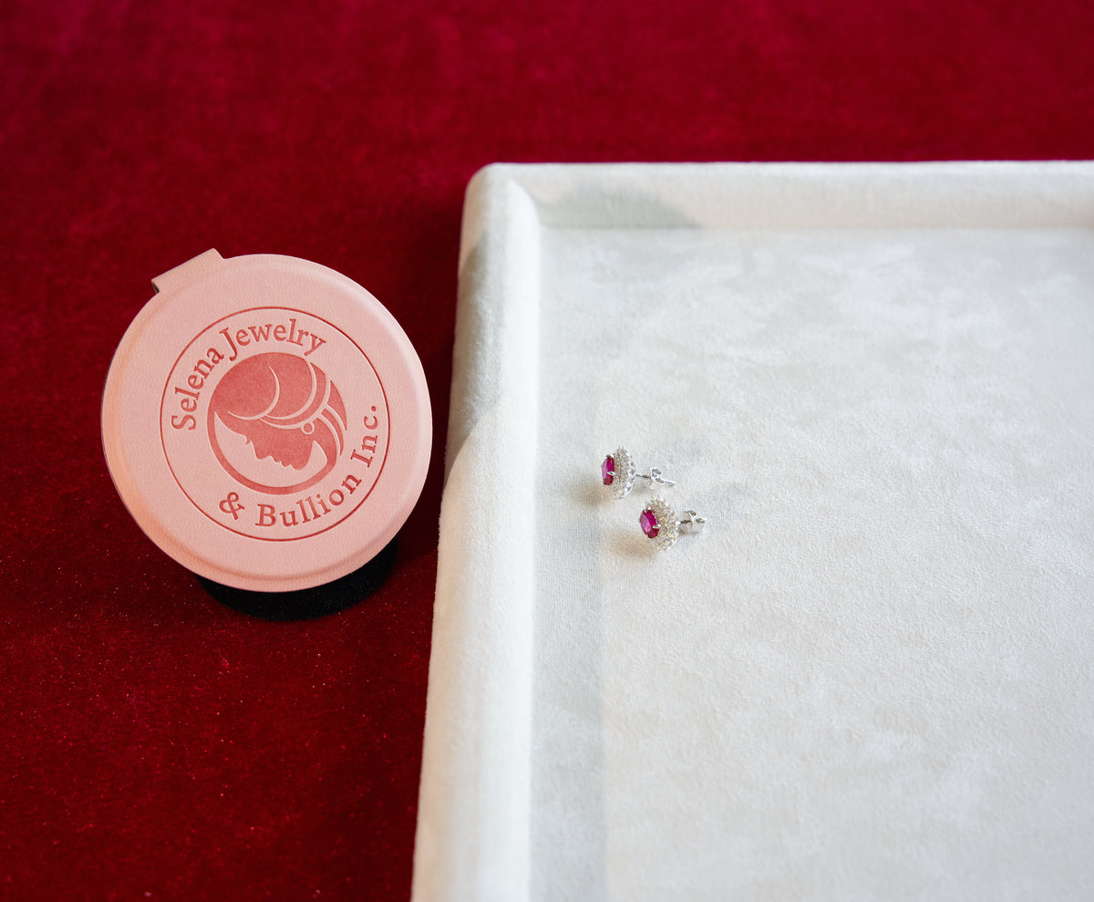 Selena Jewelry Bullion - Fontainebleau 1.2ct Per Stone Total 2.4cts Pair Lab Grown Ruby Oval Floral Halo Stud Earrings
