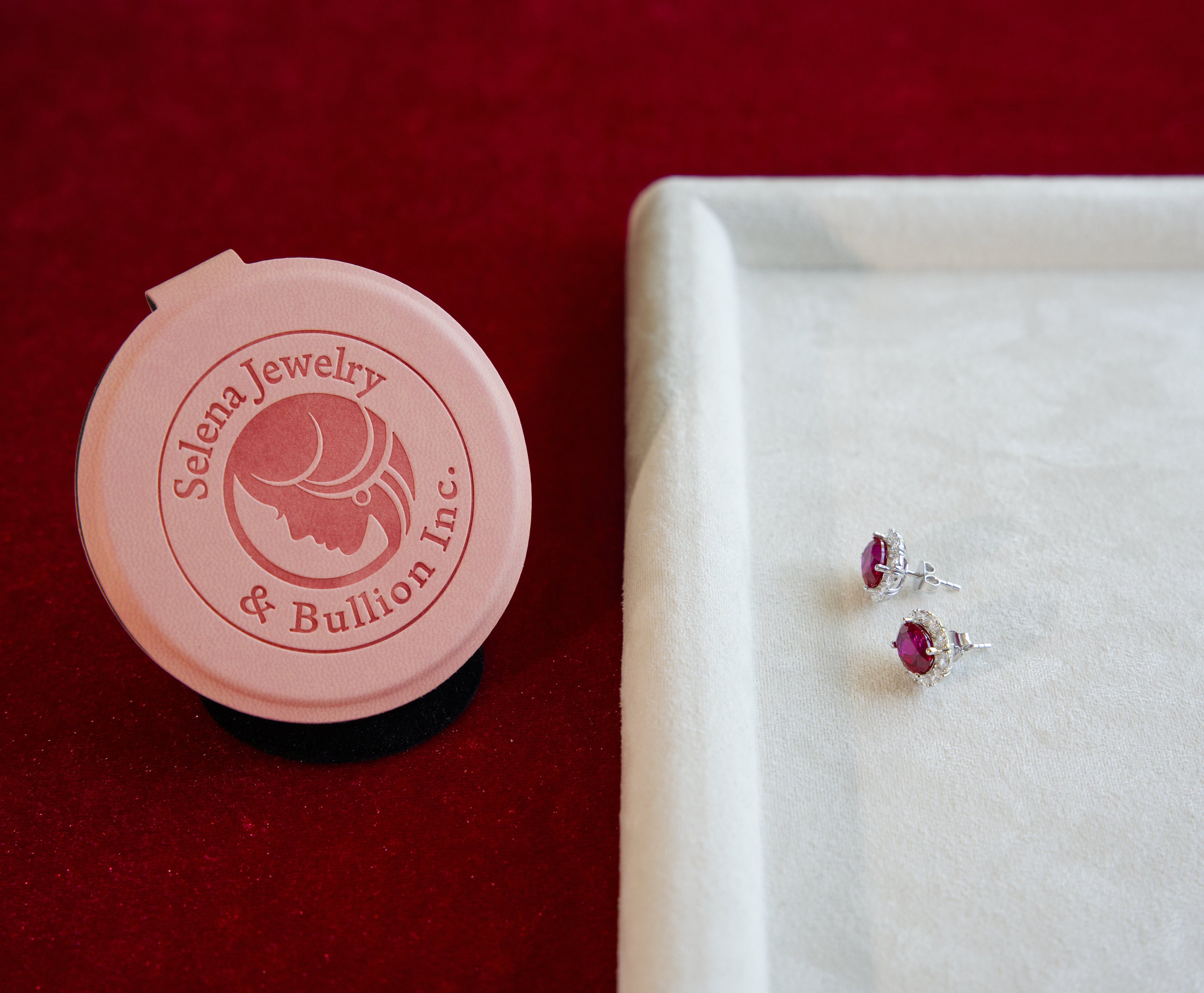 Selena Jewelry Bullion - Linderhof 2cts Per Stone Total 4cts Pair Lab Grown Ruby Oval Floral Halo Stud Earrings