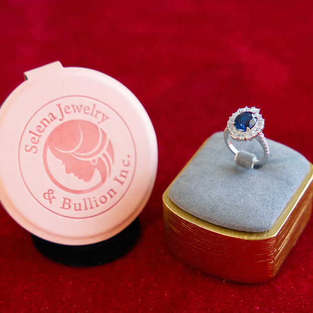 Selena Jewelry Bullion - Linderhof 3 cts Lab Grown Royal Blue Sapphire Oval Sunburst Halo Ring