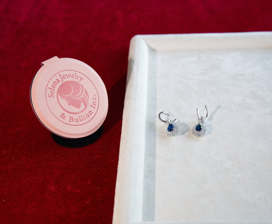 Selena Jewelry Bullion - Fontainebleau 1.5cts Per Stone Total 3cts Pair Lab Grown Royal Blue Pear Sapphire Double Halo Drop Earrings