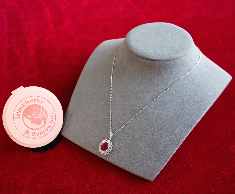 Selena Jewelry Bullion - Compiegne 2 Carats Lab Grown Ruby Oval Floral Halo Pendant Necklace