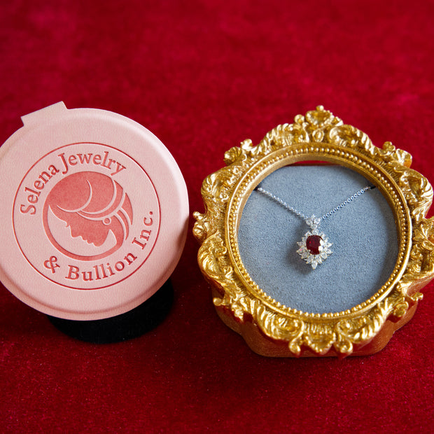 Selena Jewelry Bullion - Fontainebleau 2 carats Lab Grown Ruby Oval Sunburst Halo Pendant Necklace