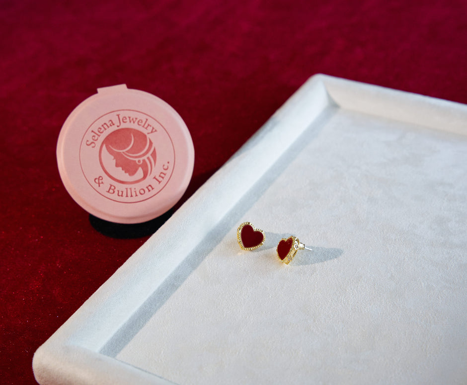 Selena Jewelry Bullion - Bourgogne Ruby Red Enamel Heart Beaded Halo Stud Earrings
