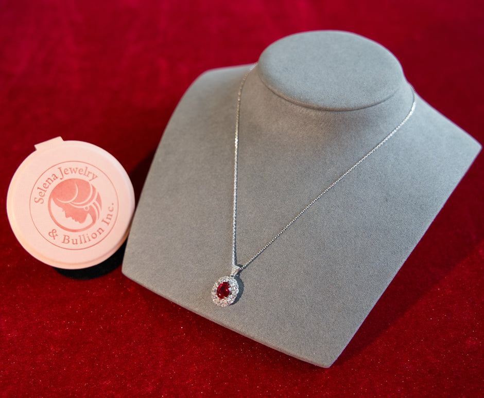 Selena Jewelry Bullion - Marly 2cts Lab Grown Ruby Oval Wheat Halo Pendant Necklace