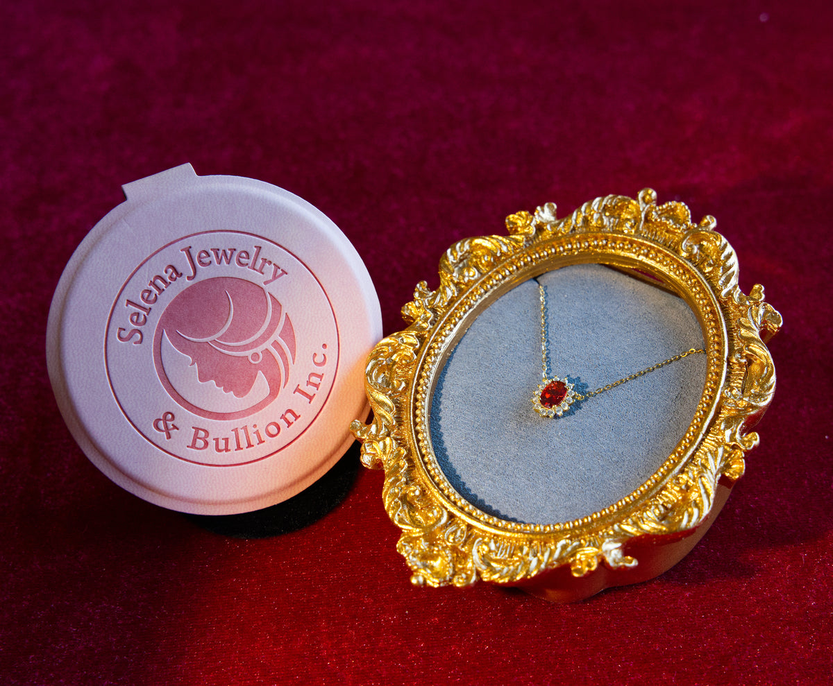 Selena Jewelry Bullion - Fontainebleau Ruby Tone Vintage Halo Oval Pendant Necklace