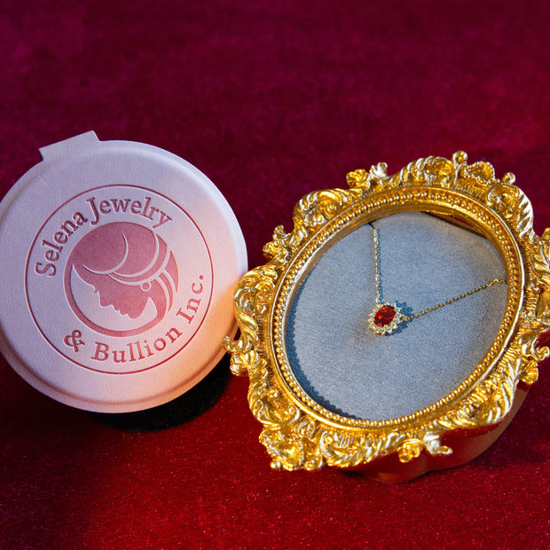 Selena Jewelry Bullion - Fontainebleau Ruby Tone Vintage Halo Oval Pendant Necklace