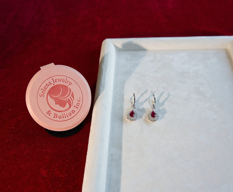 Selena Jewelry Bullion - Fontainebleau 1.5cts Per Stone Total 3cts Pair Lab Grown Pear Ruby Double Halo Drop Earrings