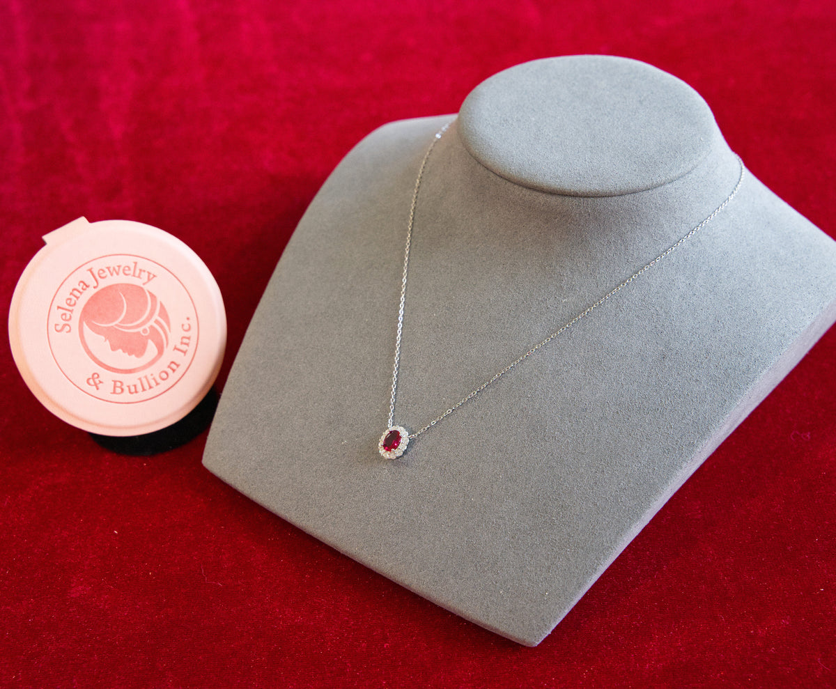 Selena Jewelry Bullion - Compiegne Ruby Tone Oval Halo Pendant Necklace