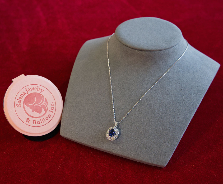 Selena Jewelry Bullion - Marly 2 Carats Lab Grown Royal Blue Sapphire Wheat Halo Pendant Necklace