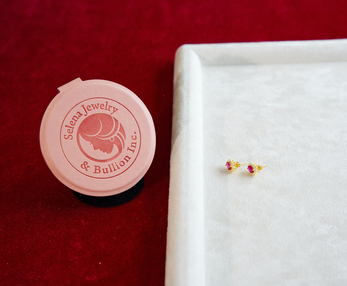 Selena Jewelry Bullion - Fontainebleau Rosy Ruby Tone Royal Halo Stud Earrings