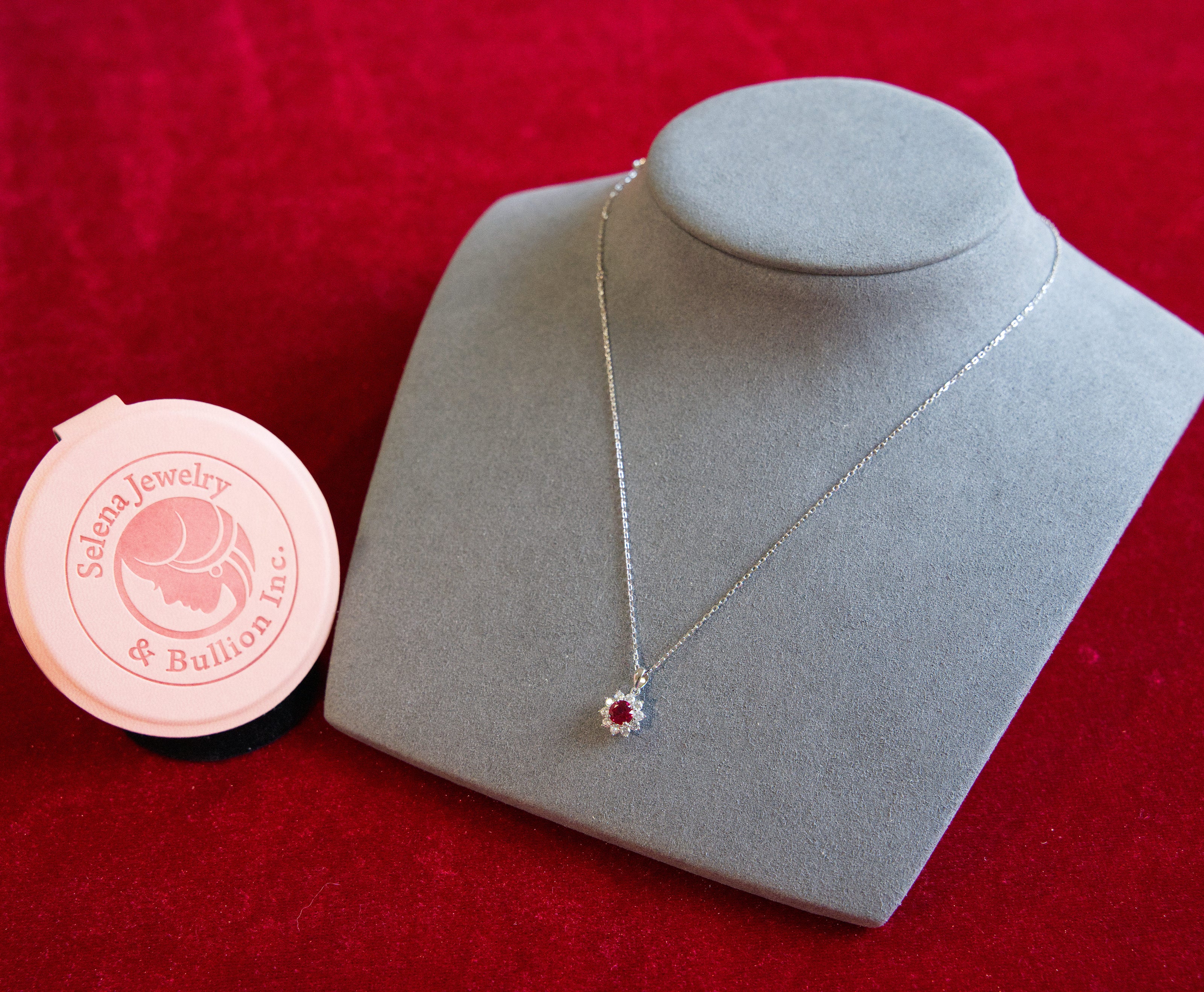 Selena Jewelry Bullion - Fontainebleau 0.5 Carat Lab Grown Ruby Round Sunburst Halo Pendant Necklace