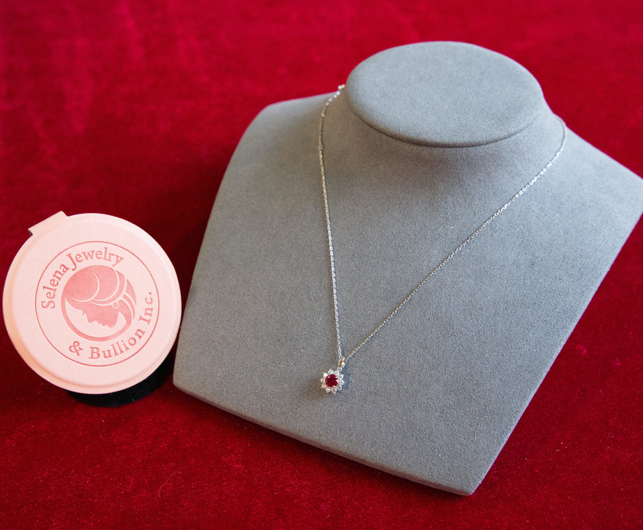 Selena Jewelry Bullion - Fontainebleau 0.5 Carat Lab Grown Ruby Round Sunburst Halo Pendant Necklace