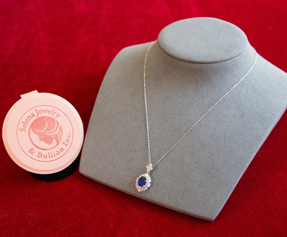 Selena Jewelry Bullion - Neuschwanstein 2cts Lab Grown Royal Blue Sapphire Oval Halo Pendant Necklace