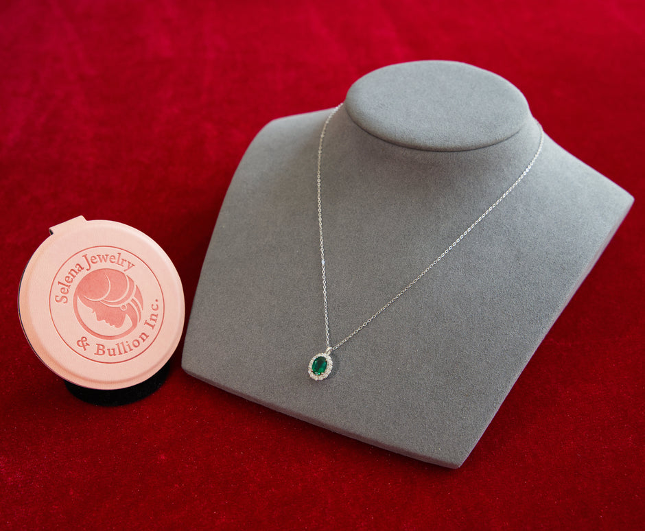 Selena Jewelry Bullion - Compiegne 1.5ct Lab Grown Emerald Oval Soft Floral Halo Pendant Necklace