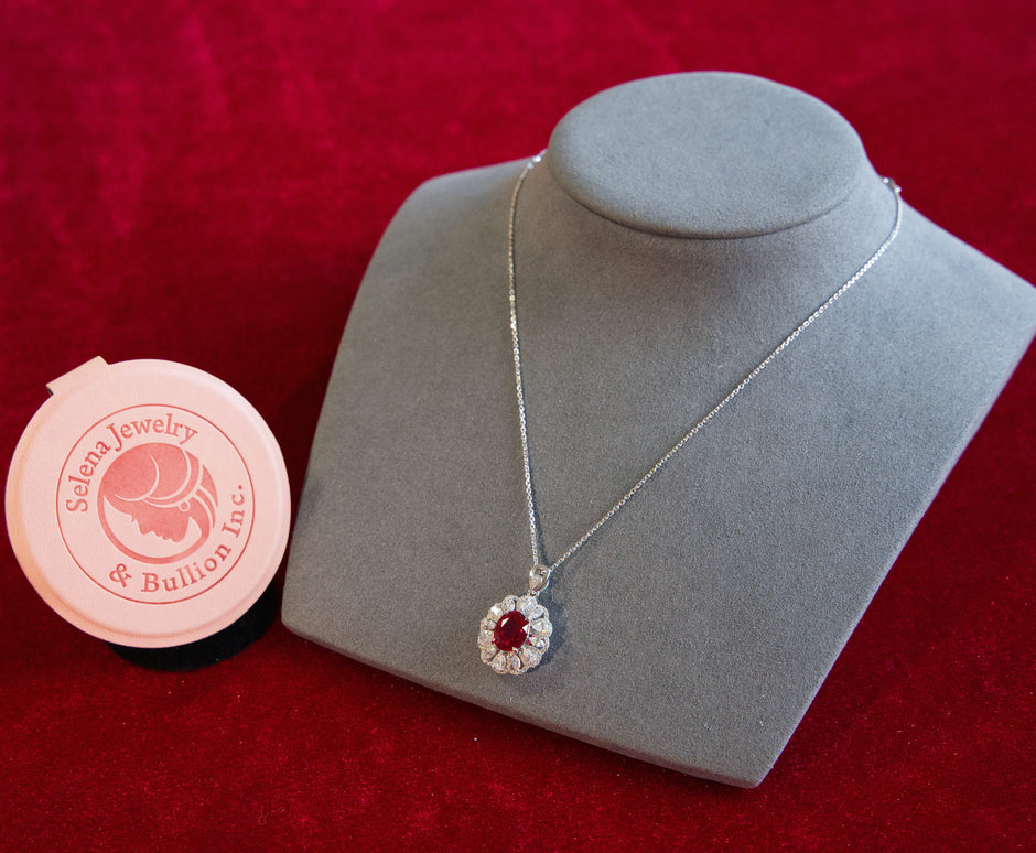 Selena Jewelry Bullion - Hofburg 3 Carats Lab Grown Ruby Oval Floral Halo Pendant Necklace