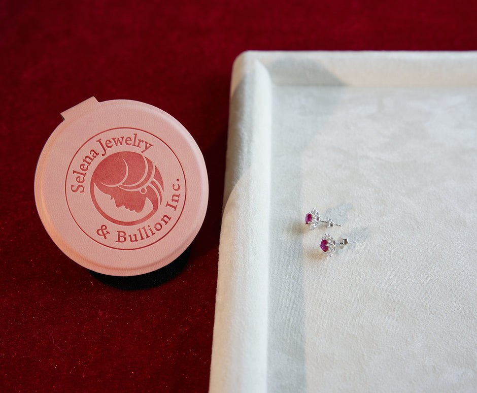Selena Jewelry Bullion - Fontainebleau 1ct Per Stone Total 2ct Pair Lab Grown Ruby Round Floral 10 Diamonds Halo Stud Earrings