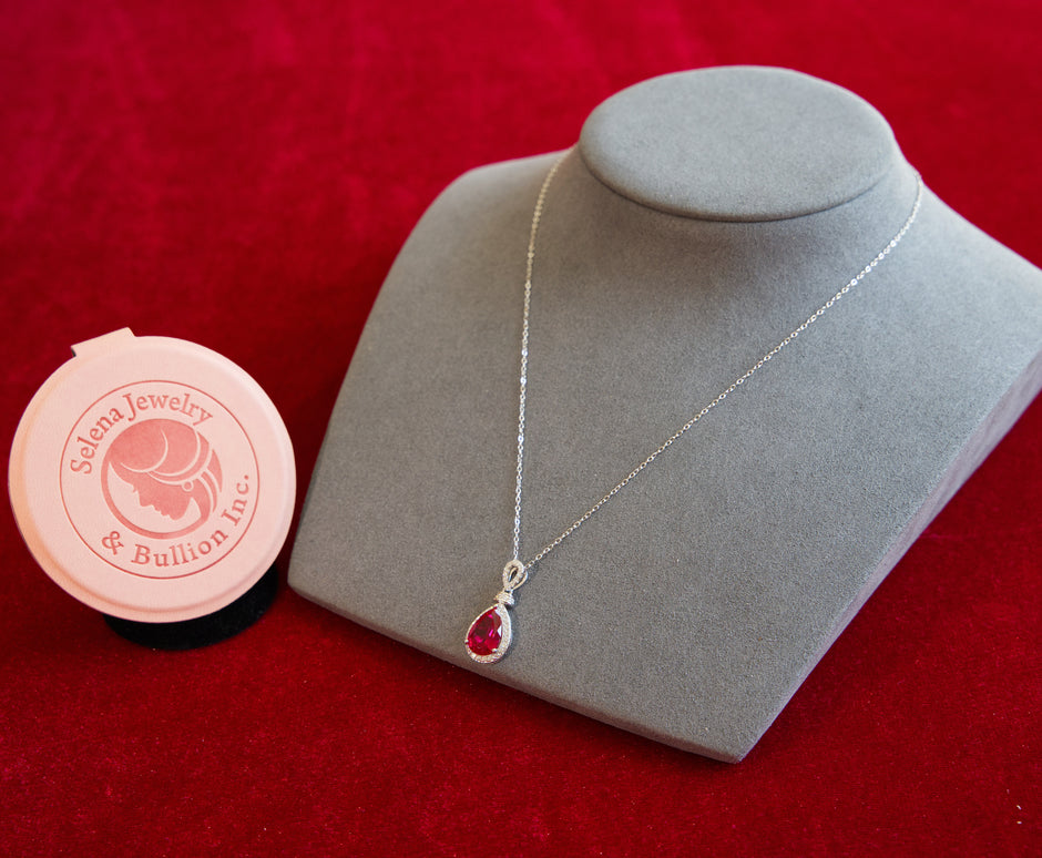 Selena Jewelry Bullion - Chambord 3.42ct Lab Grown Ruby Pear Double Halo Pendant Necklace