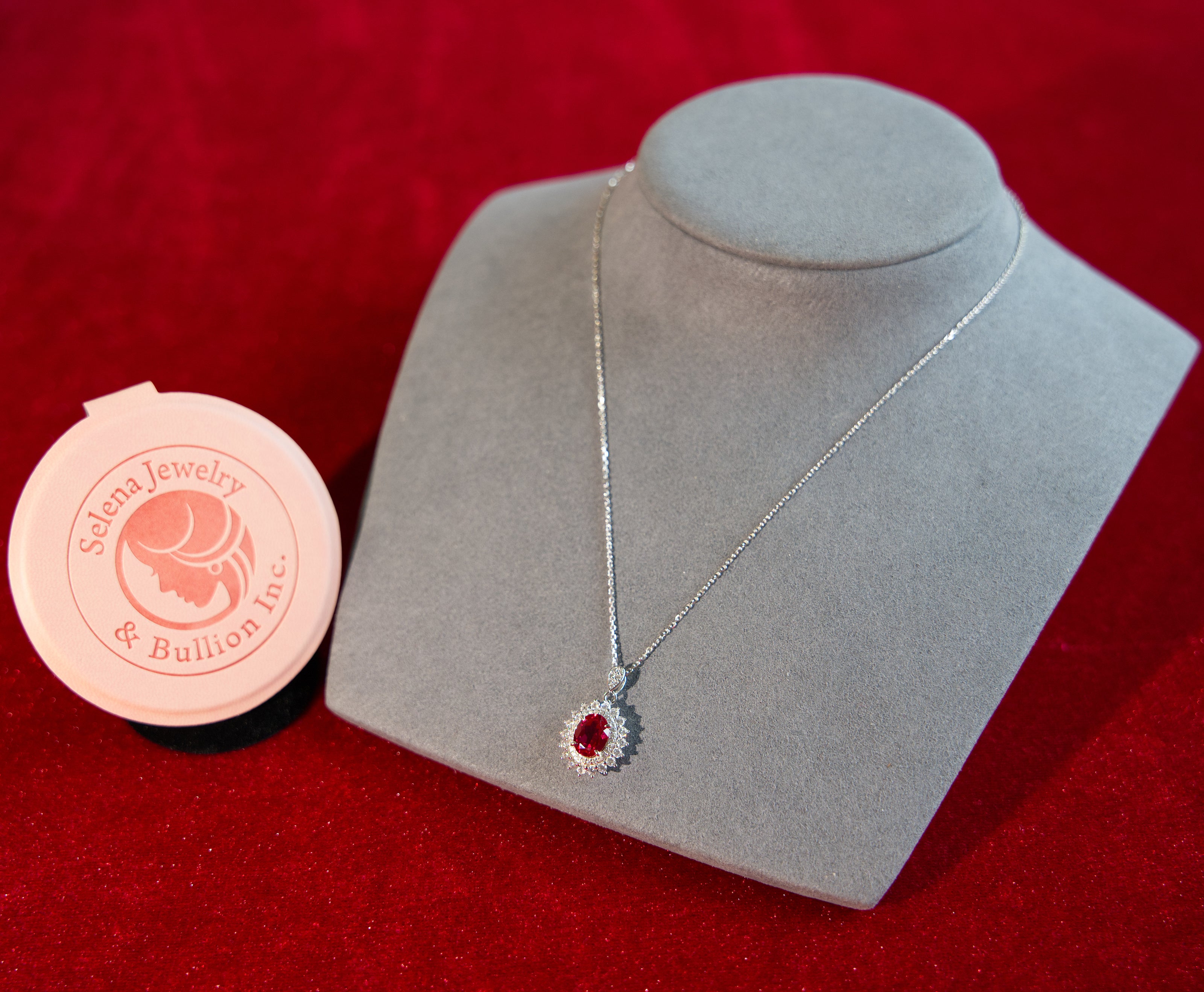 Selena Jewelry Bullion - Fontainebleau 2cts Lab Grown Ruby Oval Sunburst Halo Pendant Necklace