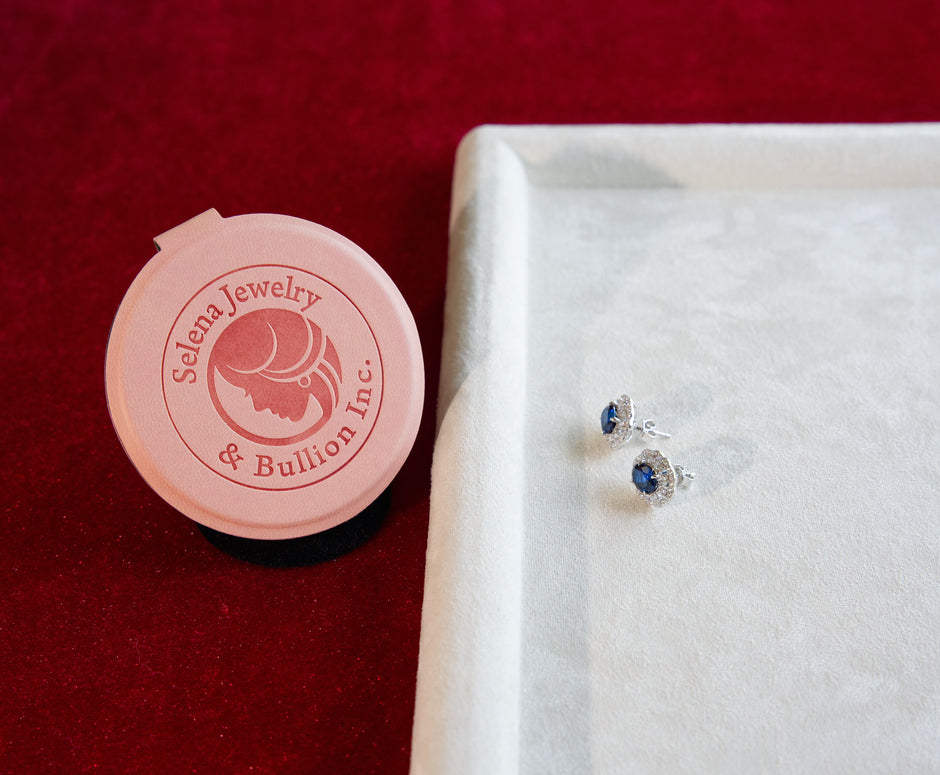 Selena Jewelry Bullion - Versailles 1.5ct Per Stone Total 3cts Pair Lab Grown Royal Blue Sapphire Oval Halo Stud Earrings