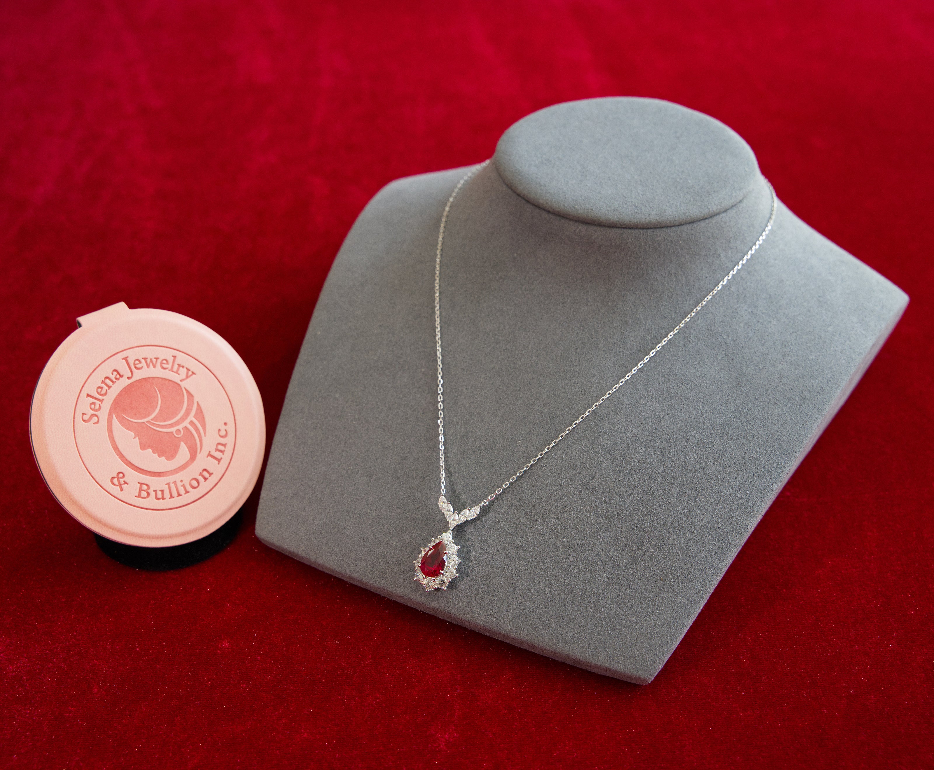 Selena Jewelry Bullion - Fontainebleau 3cts Lab Grown Ruby Pear Sunburst Halo Pendant Necklace