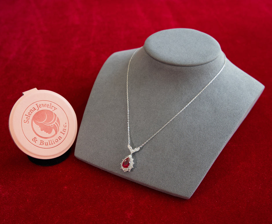 Selena Jewelry Bullion - Fontainebleau 3cts Lab Grown Ruby Pear Sunburst Halo Pendant Necklace