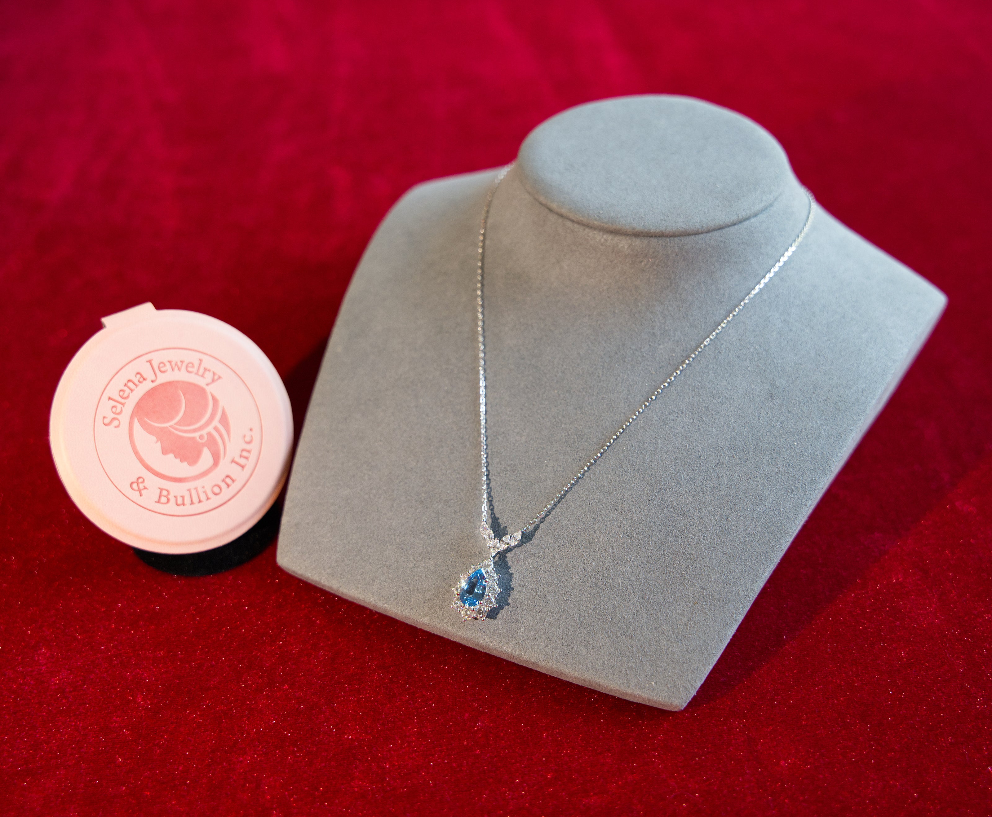 Selena Jewelry Bullion - Fontainebleau 3cts Lab Grown London Blue Spinel Pear Floral Halo Pendant Necklace