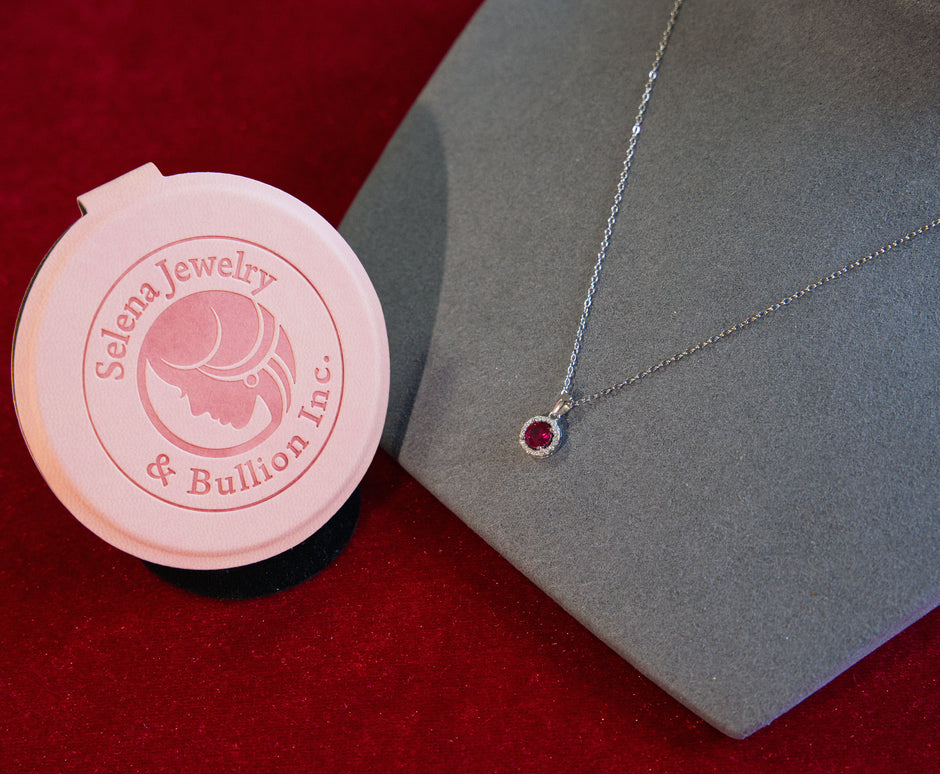 Selena Jewelry Bullion - Chambord 1.5 Carats Lab Grown Ruby Round Milgrain Halo Pendant Necklace
