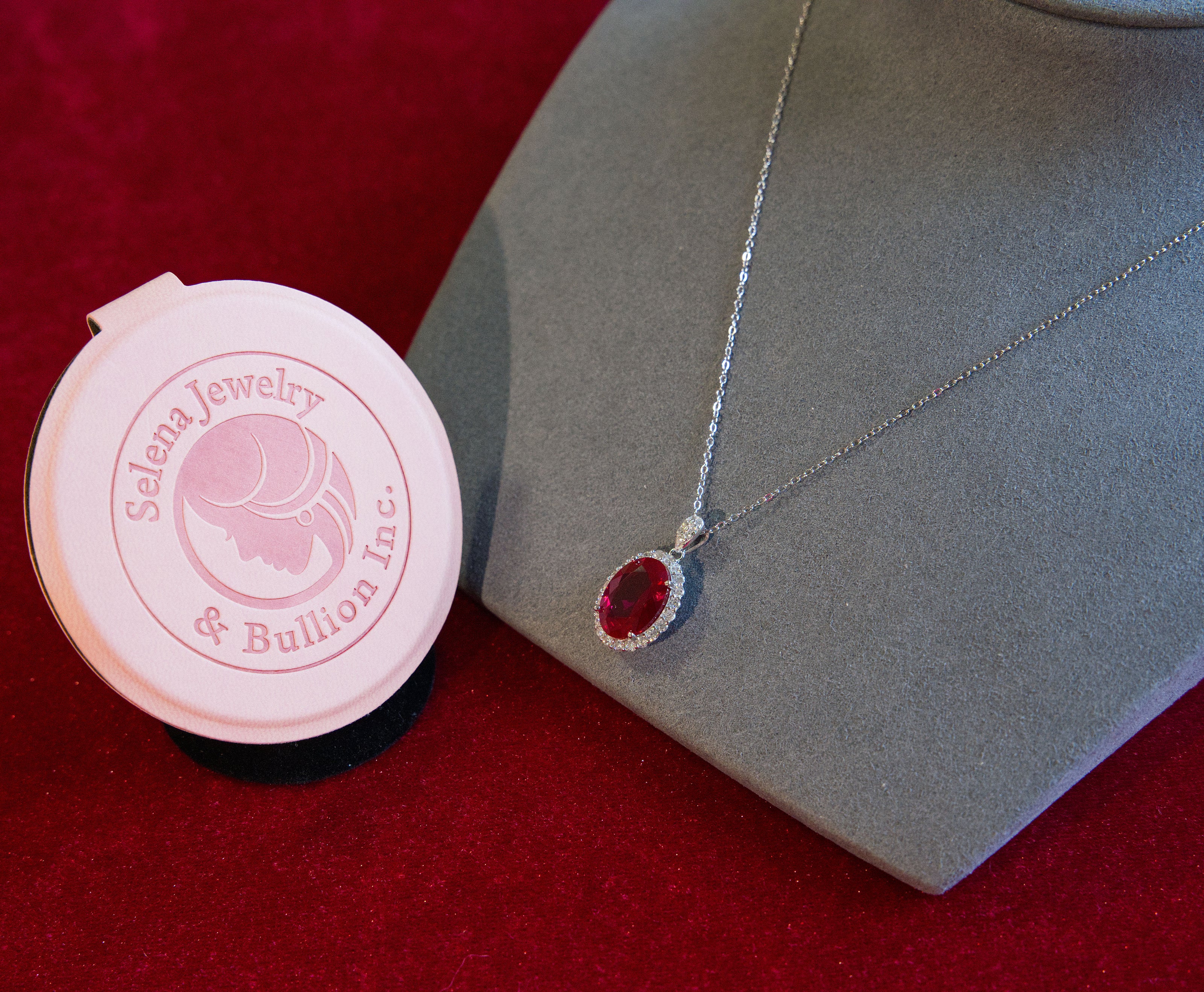 Selena Jewelry Bullion - Chambord 8 Carats Lab Grown Ruby Oval Milgrain Halo Pendant Necklace