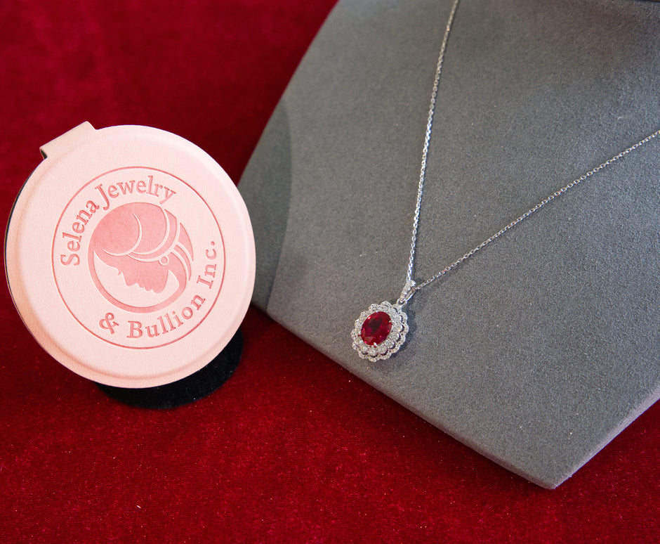 Selena Jewelry Bullion - Compiegne 2 Carats Lab Grown Ruby Oval Floral Halo Pendant Necklace