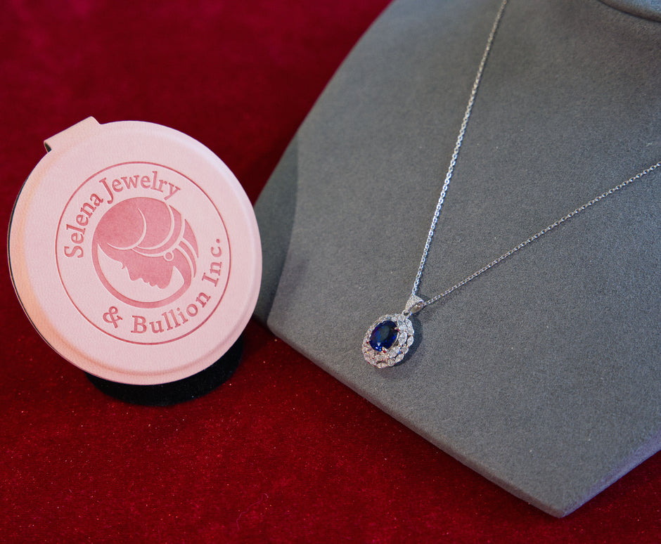 Selena Jewelry Bullion - Marly 2 Carats Lab Grown Royal Blue Sapphire Wheat Halo Pendant Necklace