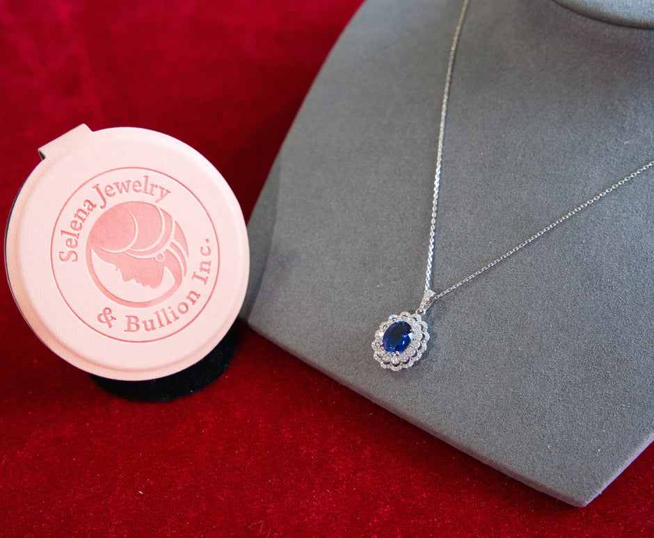 Selena Jewelry Bullion - Compiegne 2 Carats Lab Grown Royal Blue Sapphire Oval Floral Halo Pendant Necklace