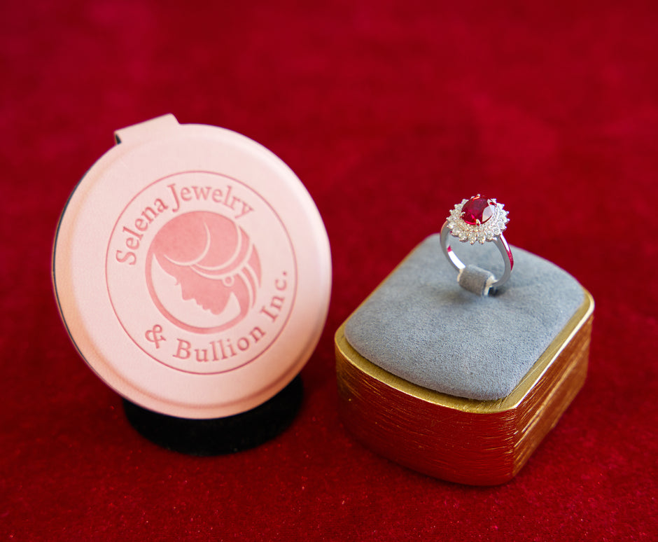 Selena Jewelry Bullion - Fontainebleau 2 carats Lab Grown Ruby Oval Sunburst Halo Ring