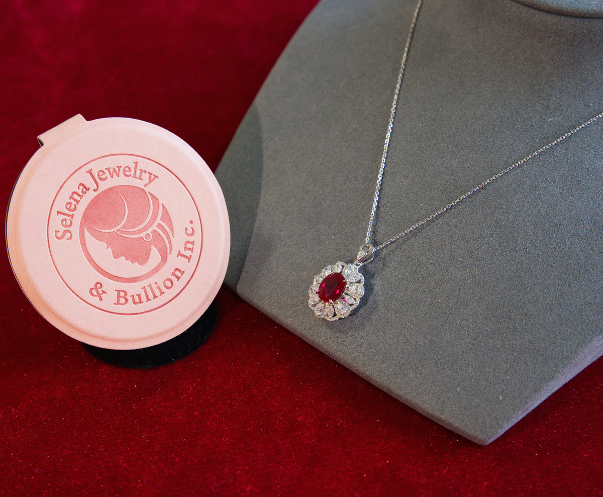 Selena Jewelry Bullion - Hofburg 3 Carats Lab Grown Ruby Oval Floral Halo Pendant Necklace
