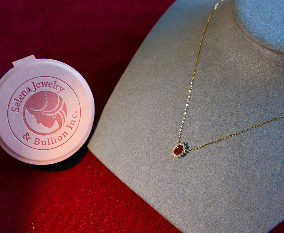 Selena Jewelry Bullion - Fontainebleau Ruby Tone Vintage Halo Oval Pendant Necklace