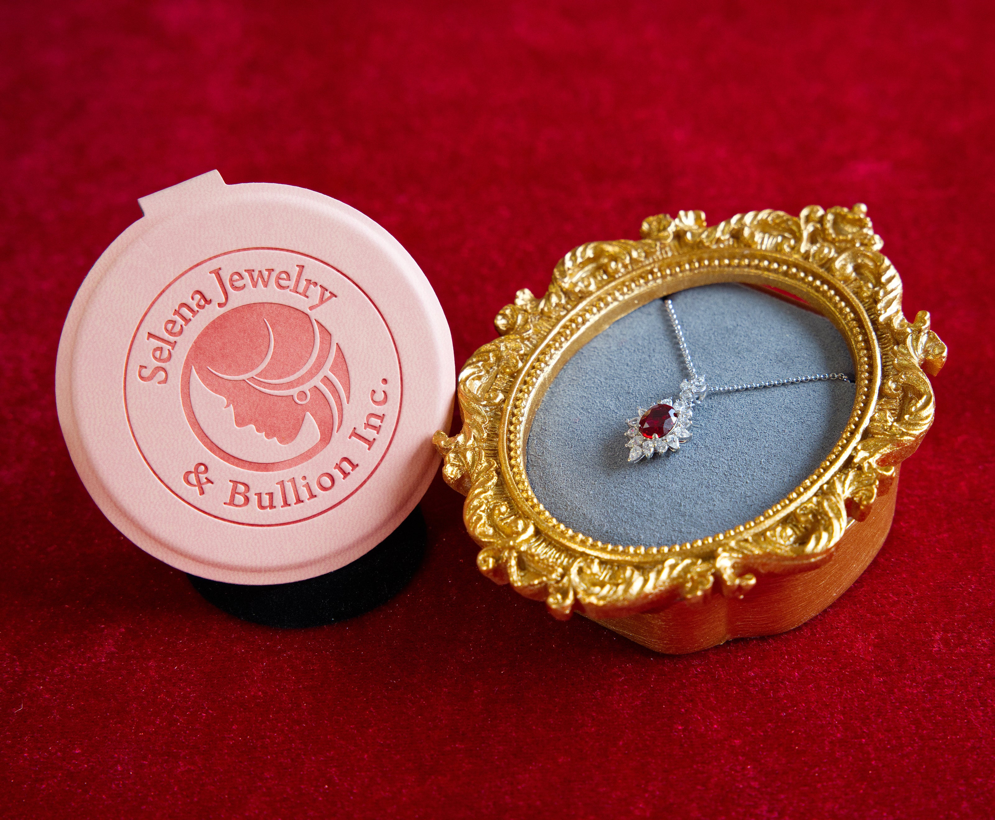 Selena Jewelry Bullion - Fontainebleau 2 carats Lab Grown Ruby Oval Sunburst Halo Pendant Necklace