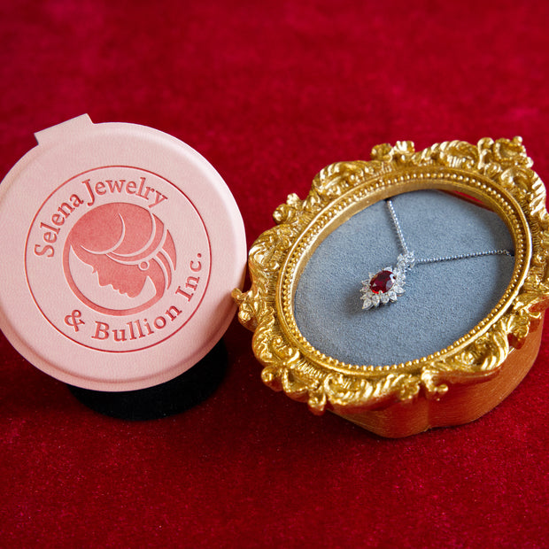 Selena Jewelry Bullion - Fontainebleau 2 carats Lab Grown Ruby Oval Sunburst Halo Pendant Necklace