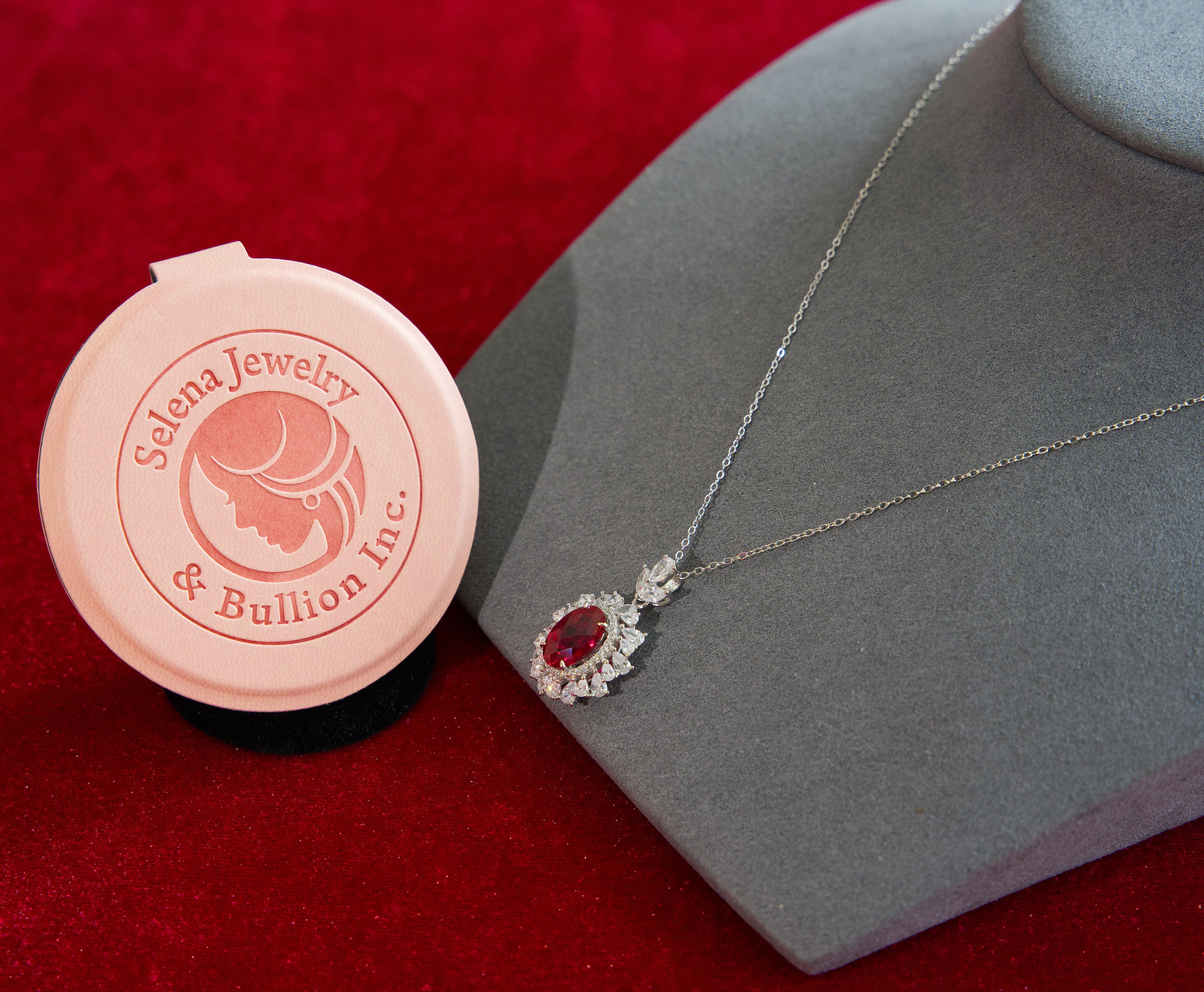 Selena Jewelry Bullion - Neuschwanstein 4cts Lab Grown Ruby Oval Kite-Cut Halo Pendant Necklace