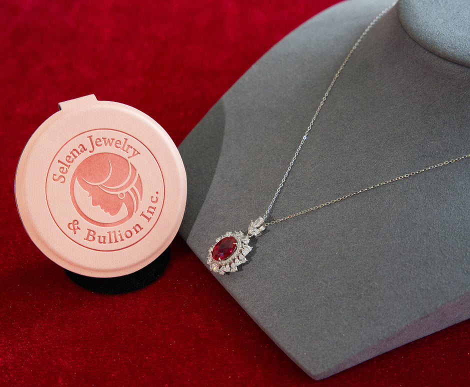 Selena Jewelry Bullion - Neuschwanstein 4cts Lab Grown Ruby Oval Kite-Cut Halo Pendant Necklace