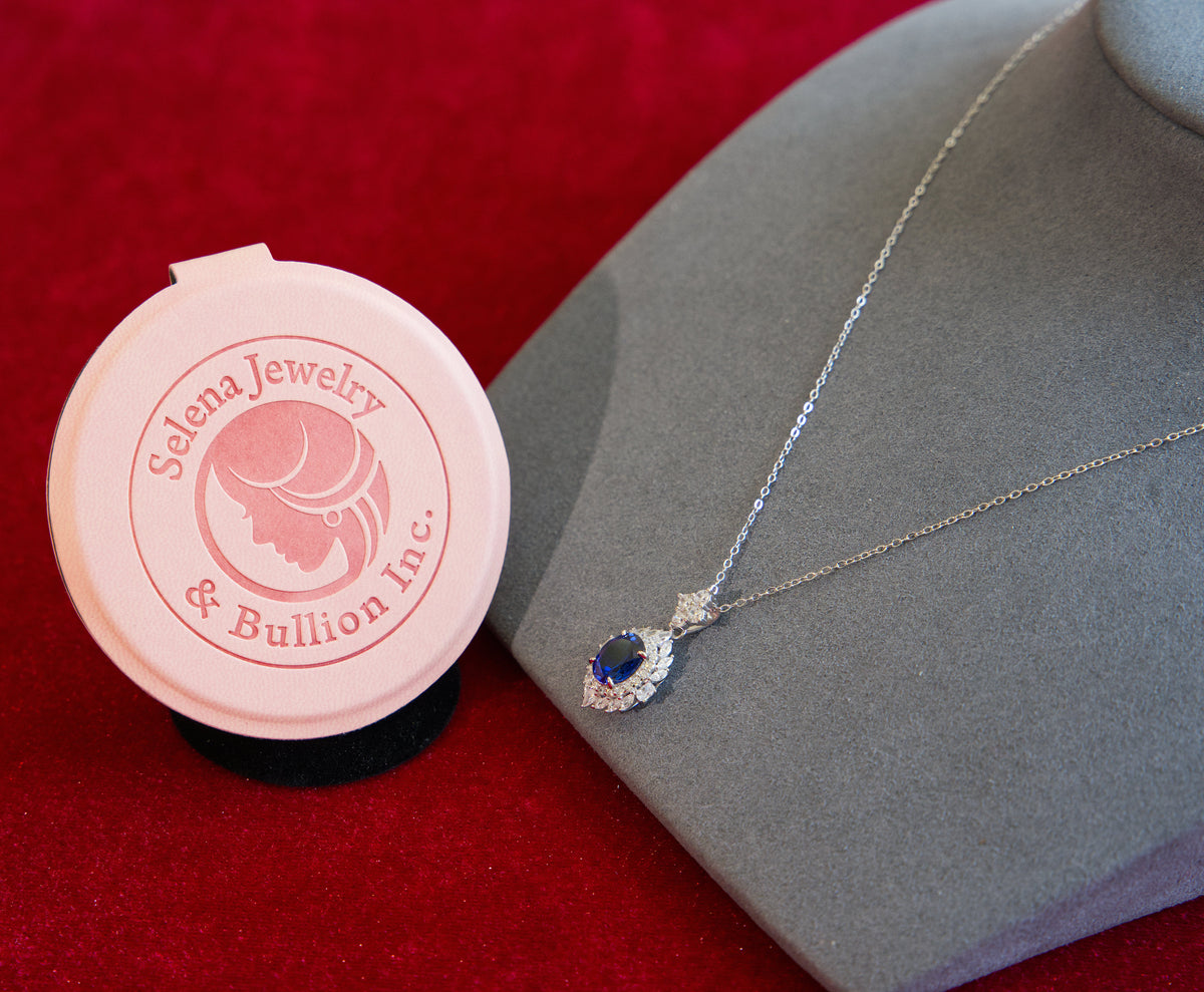 Selena Jewelry Bullion - Neuschwanstein 2cts Lab Grown Royal Blue Sapphire Oval Halo Pendant Necklace