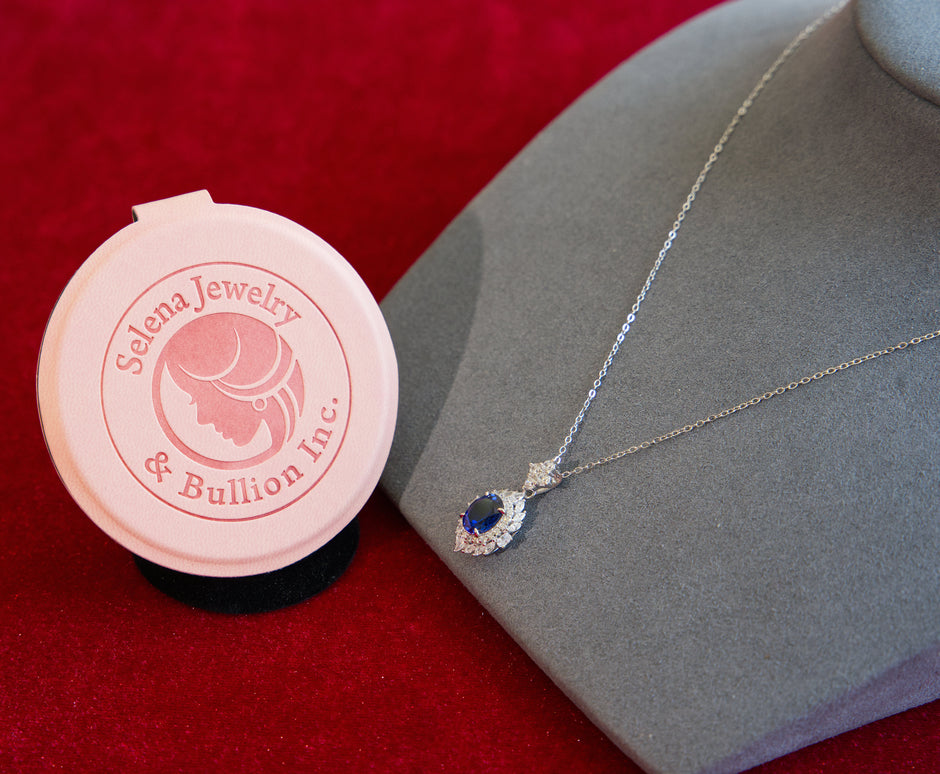 Selena Jewelry Bullion - Neuschwanstein 2cts Lab Grown Royal Blue Sapphire Oval Halo Pendant Necklace