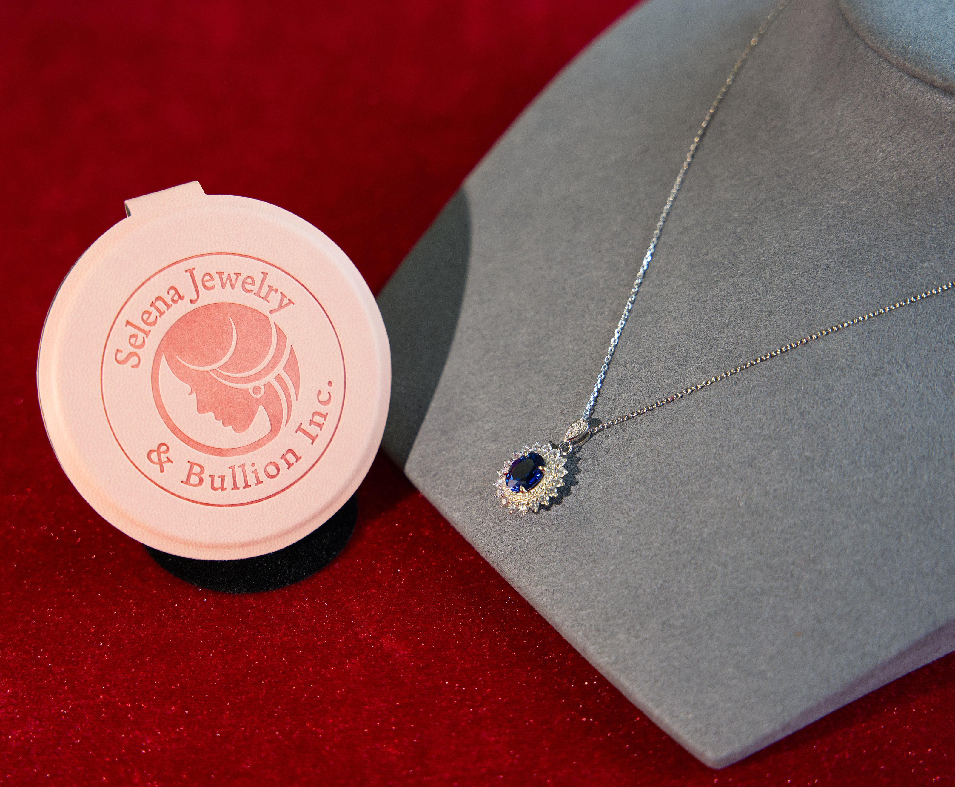 Selena Jewelry Bullion - Fontainebleau 2cts Lab Grown Royal Blue Sapphire Oval Sunburst Halo Pendant Necklace