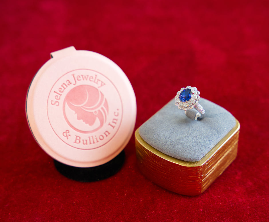 Selena Jewelry Bullion - Compiegne 2 carats Lab Grown Royal Blue Sapphire Double Halo Ring