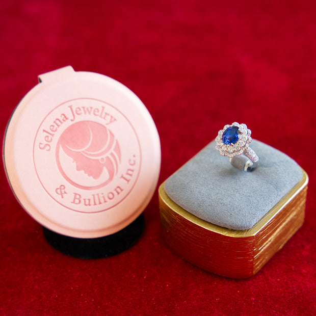 Selena Jewelry Bullion - Compiegne 2 carats Lab Grown Royal Blue Sapphire Double Halo Ring