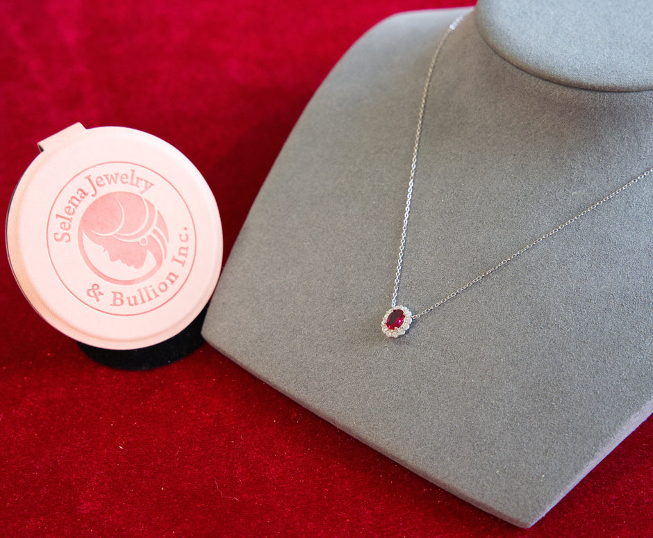 Selena Jewelry Bullion - Compiegne Ruby Tone Oval Halo Pendant Necklace