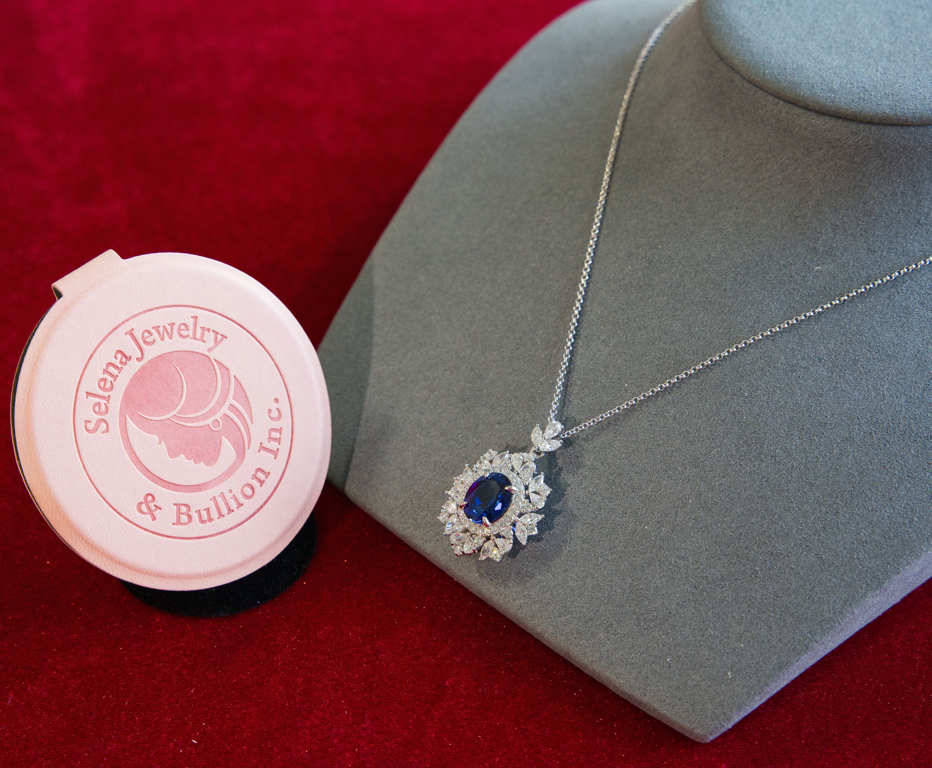 Selena Jewelry Bullion - Neuschwanstein 6 Carats Lab Grown Royal Blue Sapphire Floral Halo Pendant Necklace