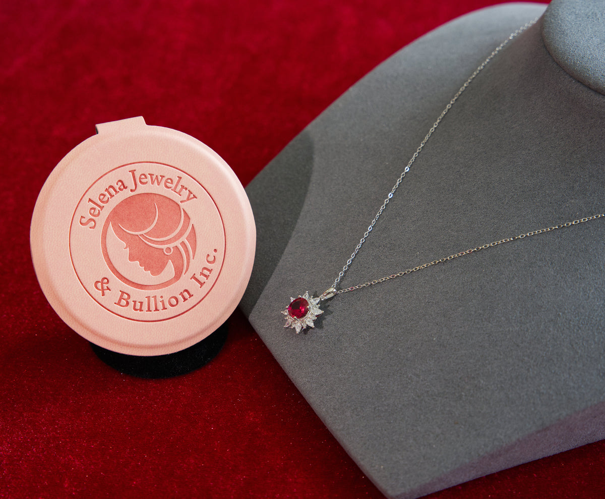 Selena Jewelry Bullion - Fontainebleau 2.2cts Lab Grown Ruby Round Sunburst Halo Pendant Necklace